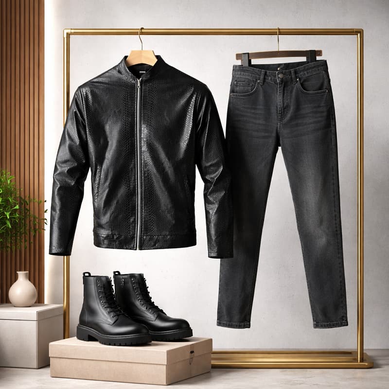 کاپشن چرم طرح پوست مار ساده مردانه مدل Yasan