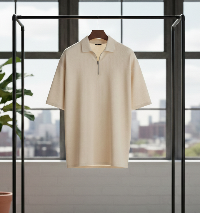 تیشرت مردانه یقه زیپ دار کرم مدل Arban