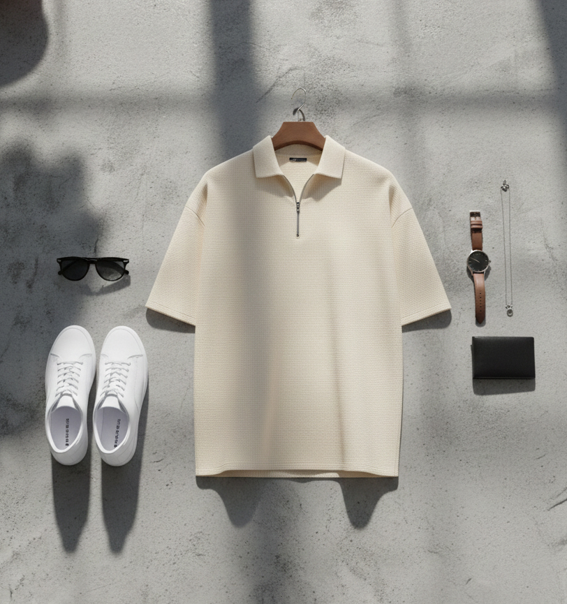 تیشرت مردانه یقه زیپ دار کرم مدل Arban